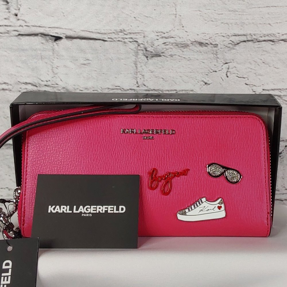 'KARL LAGERFELD' LEATHER EMBELLISHED WALLET WRISTLET NEWw/BOX